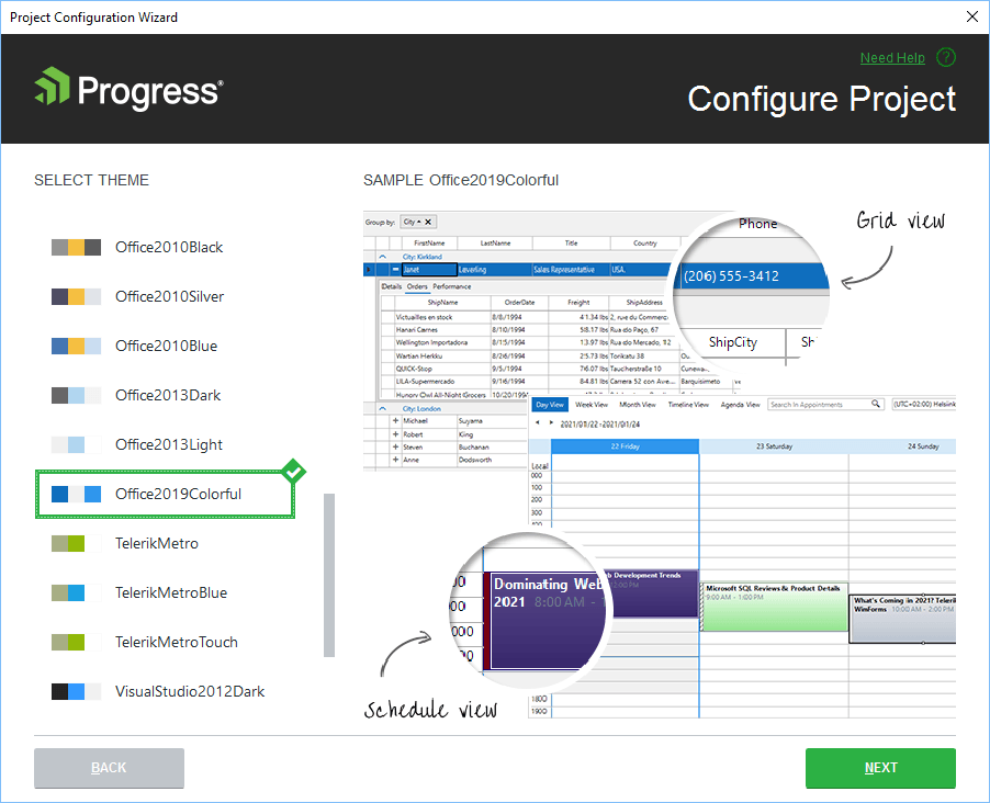 Configuration Wizard. In a Progress Configure Project window, a list of themes to select from offers a preview of currently selected Office2019Colorful