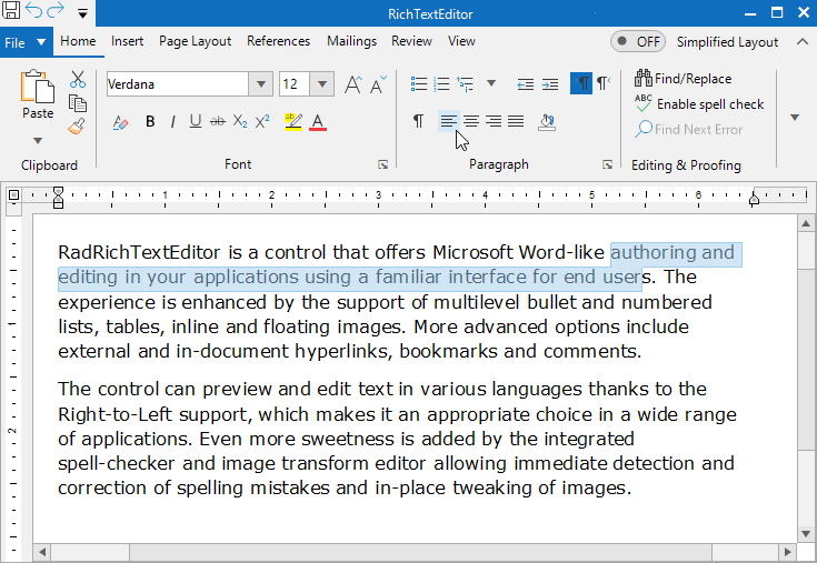 RadRichTextEditor show a word processor with a white background and black type. Highlighted type is in a light blue.