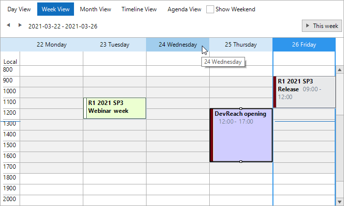 RadScheduler show a calendar in which the workday hours have a very light warm gray background while off hours are white. The borders are a medium gray. Today is highlighted with a bright blue border. The date row is otherwise light blue, and the hover is a darker shade of light blue. One event has a pale yellow background. Two other events have a dark red left edge; one of those has a lavender backdrop.