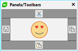 A smiley face with heart eyes image has panels on all four sides. On top is an icon of scissors for cutting; left is a save disk icon; right is an icon with two pieces of paper for copy; and bottom is a clipboard icon for paste.