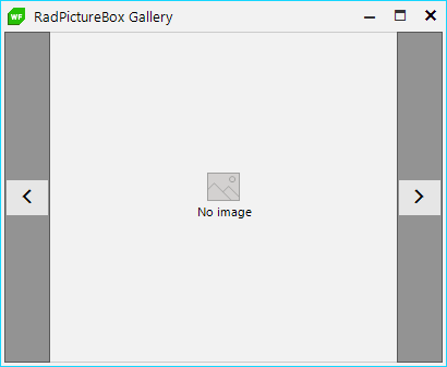RadPictureBox Gallery has no image, and shows left and right gallery slider arrows.