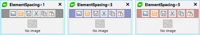 Three different photo boxes: ElementSpacing=1 has a panel with a gray background and the icons are 1 pixel apart; ElementSpacing=3 has a panel with a purple background and the icons are 3 pixels apart; ElementSpacing=5 panel has a red background and 5 pixels between the icons.