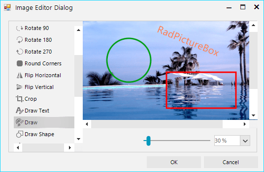 We see the beachside pool image open in an image editor dialogue, RadPictureBox ImageEditor. There are various options to flip, rotate, round corners, crop, and draw. On the image someone has added a red rectangle, a green circle, and diagonal text reading 'RadPictureBox'.
