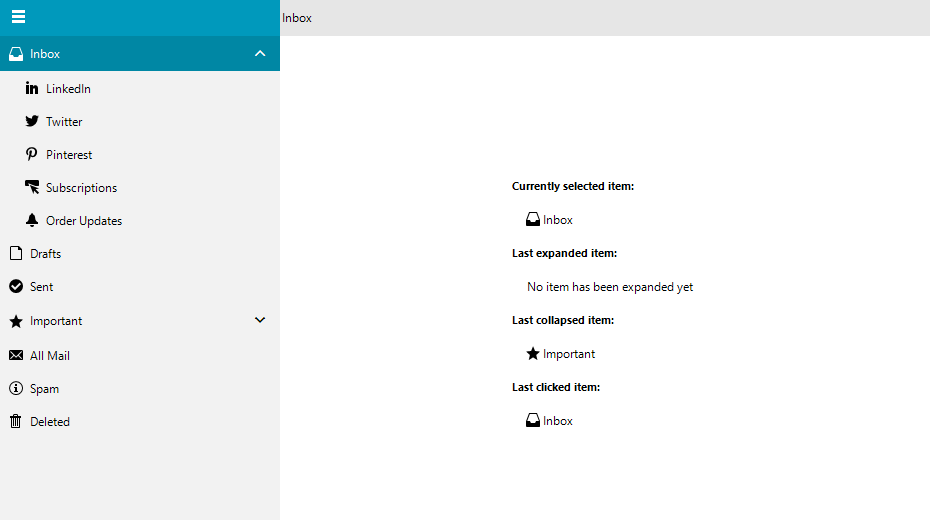 navigationview showing a left-side menu with Inbox, and subfolders for LinkedIn, Twitter, Pinterest, Subscriptions and Order Updates. Other parent folders include Drafts, Sent and Important, and Important also has child folders, but they are collapsed.