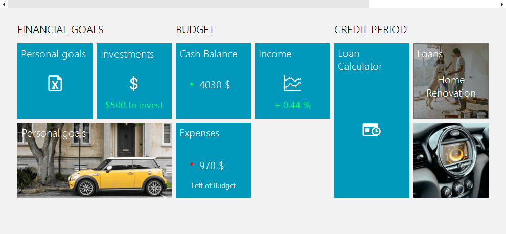 panorama tiles showing options for headings, icons, images, and at-a-glance numbers.