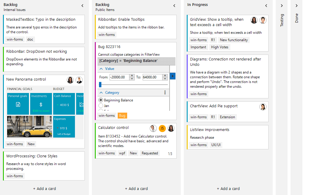 Task board shows five lists of to-dos, with the tasks as cards. Two of the lists are collapsed.