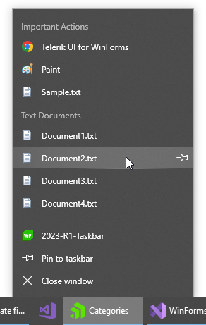 Menu has submenu categories Important Actions and Text Documents, with more options under each