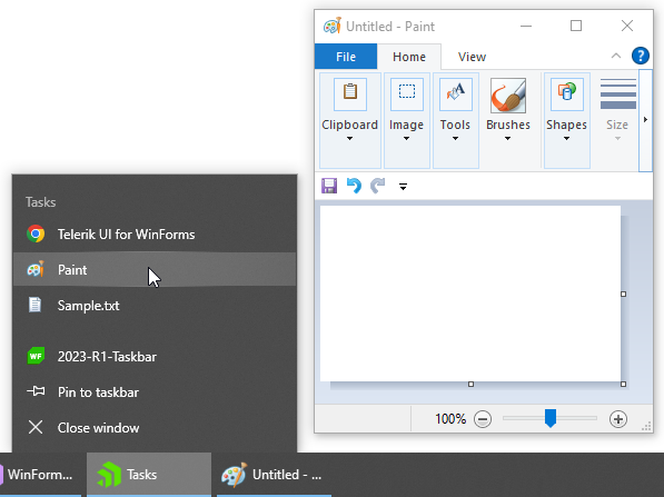 from taskbar, clicking Paint opens the Paint program