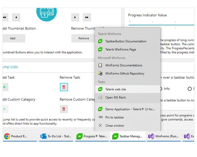 WinForms TaskbarButton Control Jump List