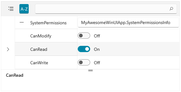 Expanded nested SystemPermissions nows shows properties for CanModify, CanRead, CanWrite with a toggle switch