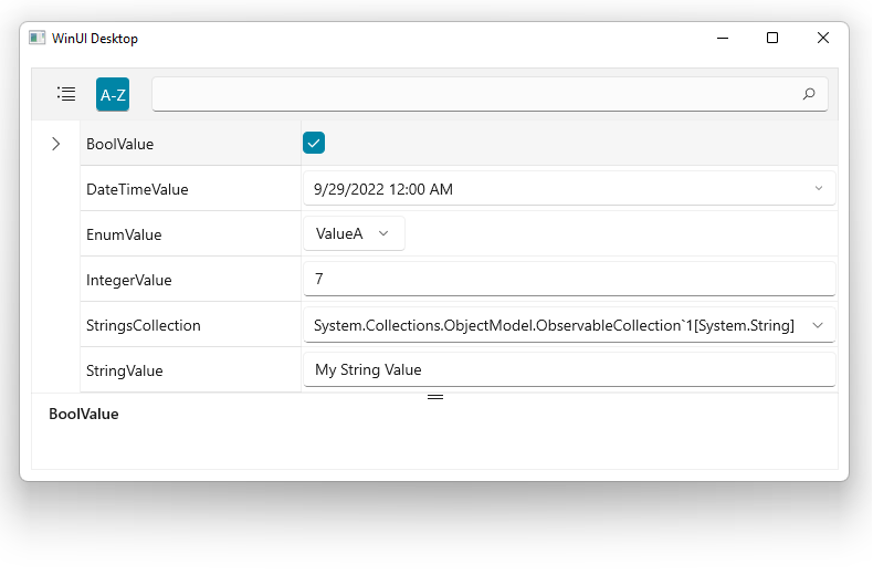 PropertyGrid Getting Started - WinUI desktop spp wotj search bar and properties for item including BoolValue, DateTimeValue, EnumValue, IntegerValue, StringsCollection, StringValue