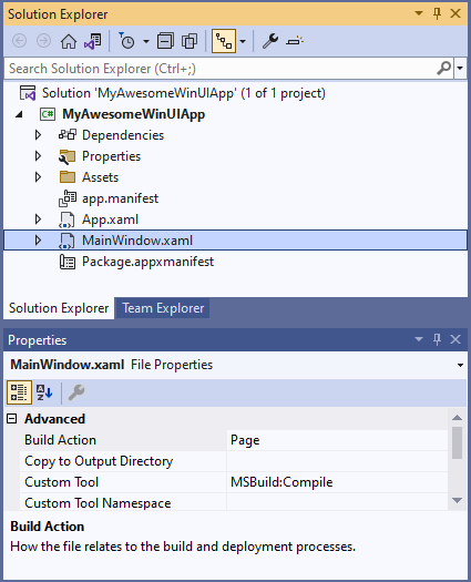 Visual Studio Properties - solution explorer window with MainWindow.xaml selected, and Advanced properties display.